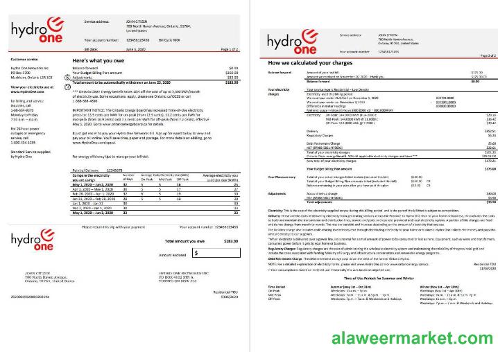USA Ontario's Hydro One electricity utility bill template in Word and PDF format (2 pages)